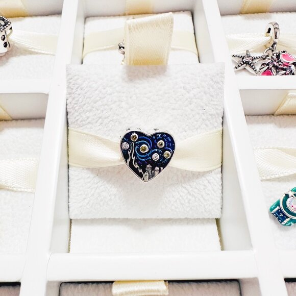 925 Sterling Silver Van Gogh Starry Night Heart Charm Fits Charm Bracelets - Picture 3 of 8
